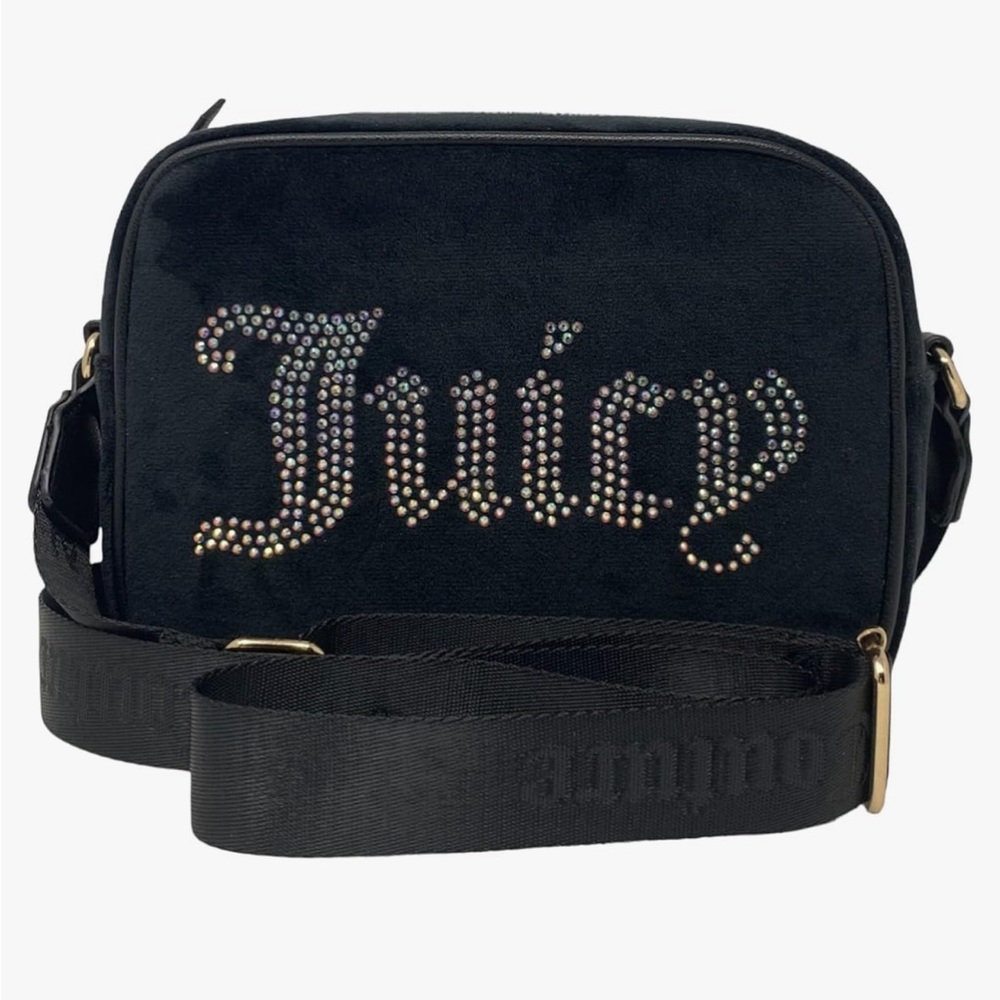 Juicy Couture Black Licorice VelvetCross Body Bag with Rhinestone Logo Nwt